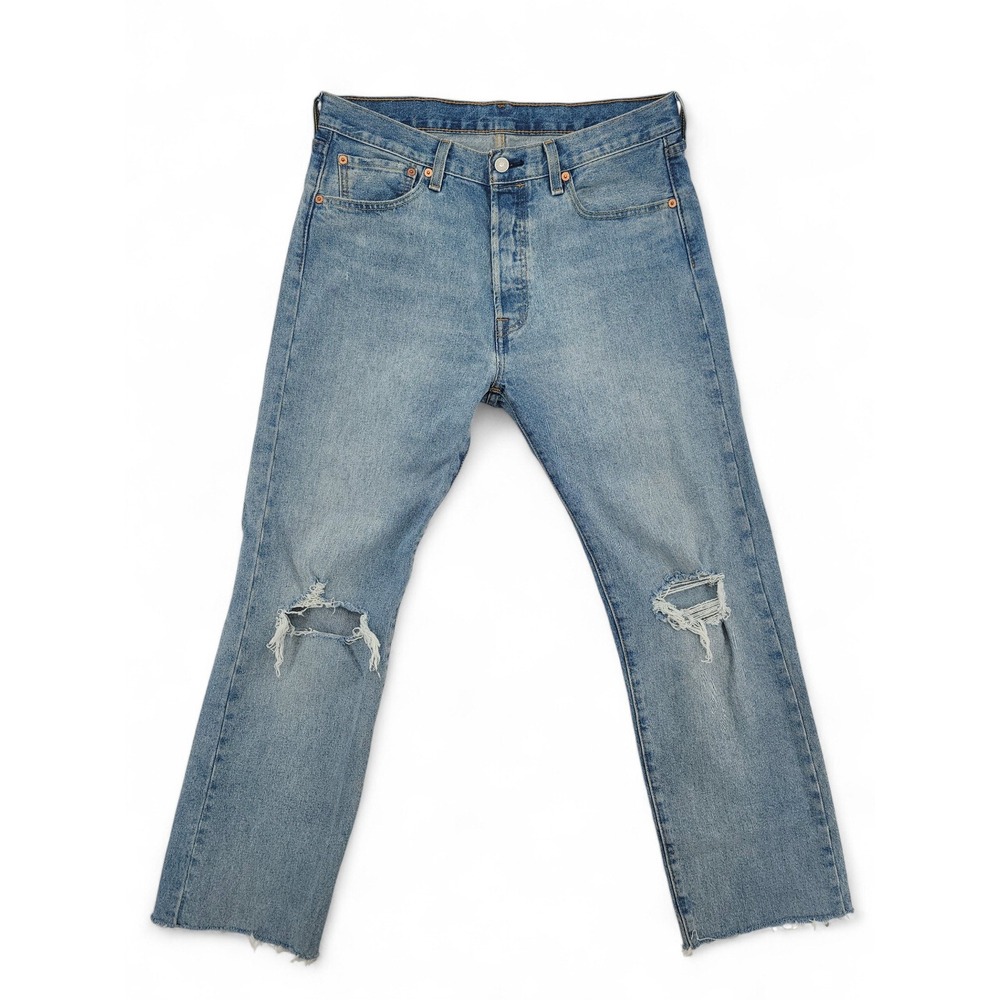 Levi's 501 Button Fly Jeans 33x29 Distressed Raw Hem Light Wash Vintage Fit